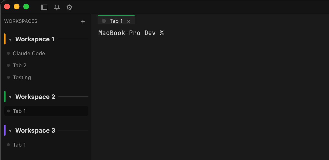 The Coderex app: a workspaces sidebar with three colored groups, an open terminal tab, and the resources panel.