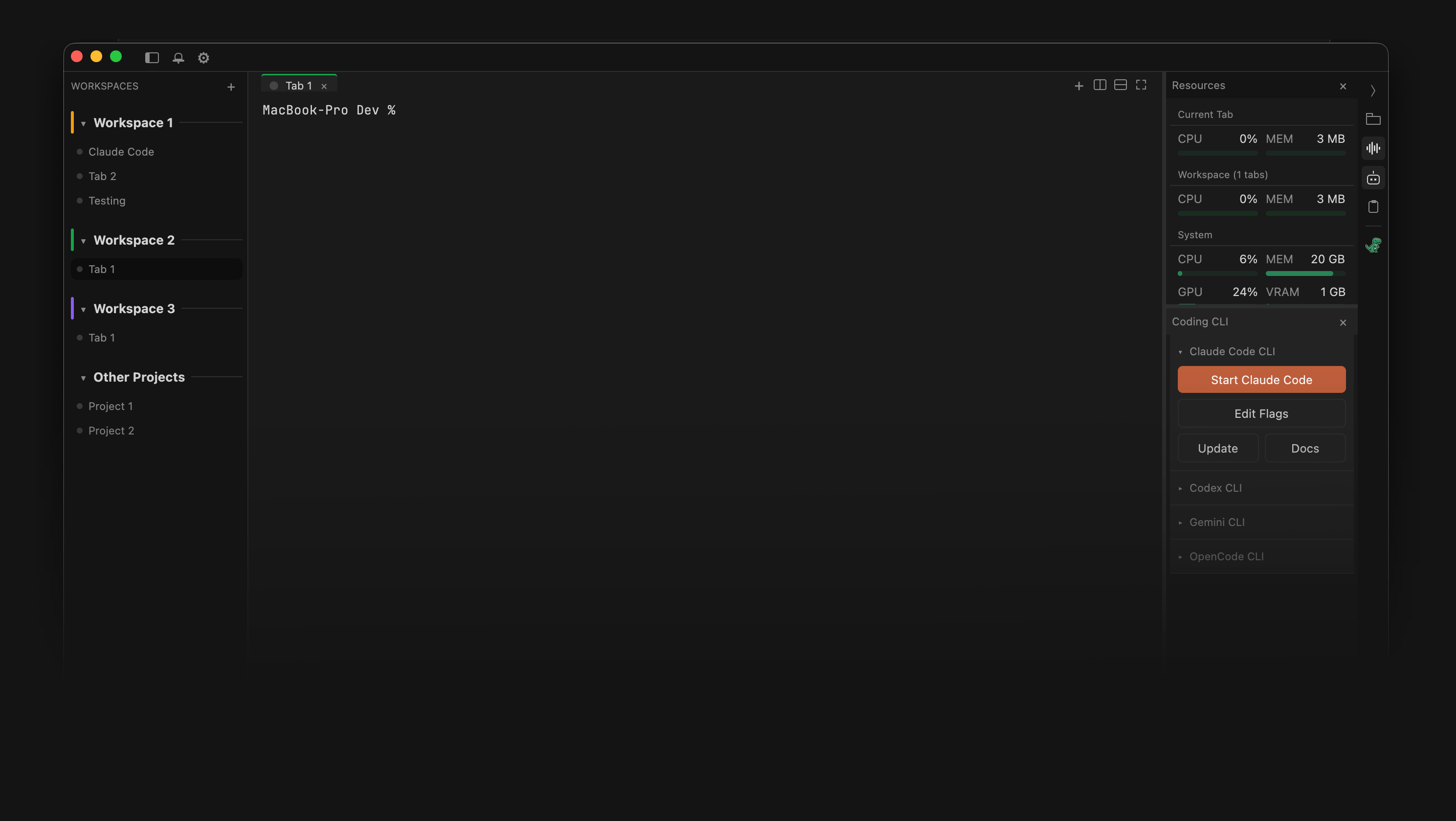 The Coderex desktop app: a workspace sidebar beside a terminal pane at a shell prompt.